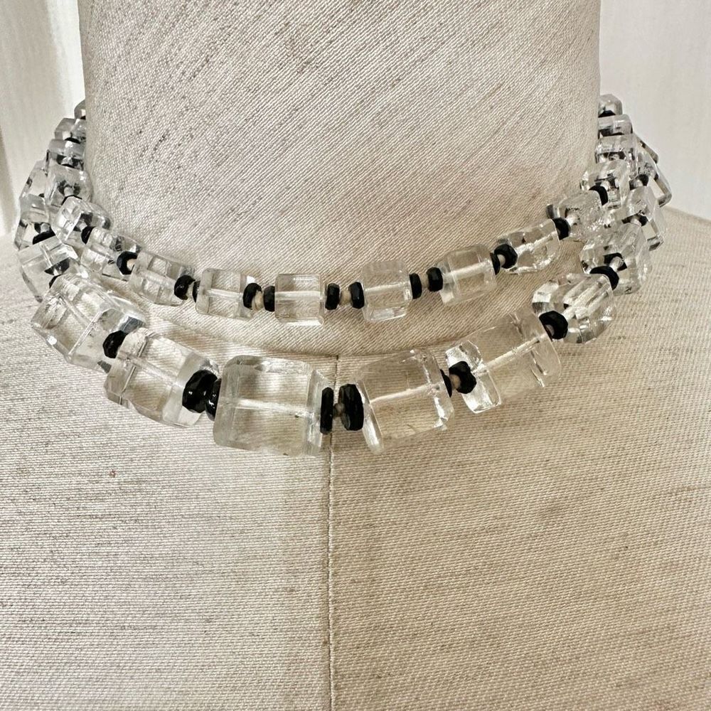 Clear glass and black beaded long necklace